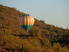 One of our balloons flies low among giant saguaros inhabiting a sunny mountainside along Carefree Highway